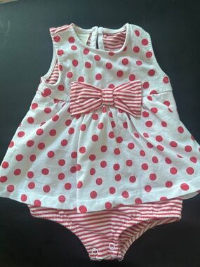 First Impressions White and Pink Polka Dot Bow One-Piece